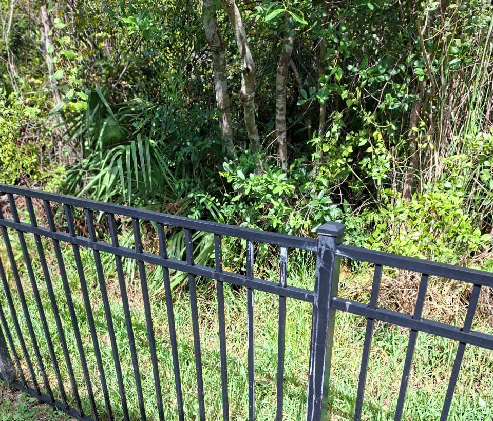Restored black iron fence close-up